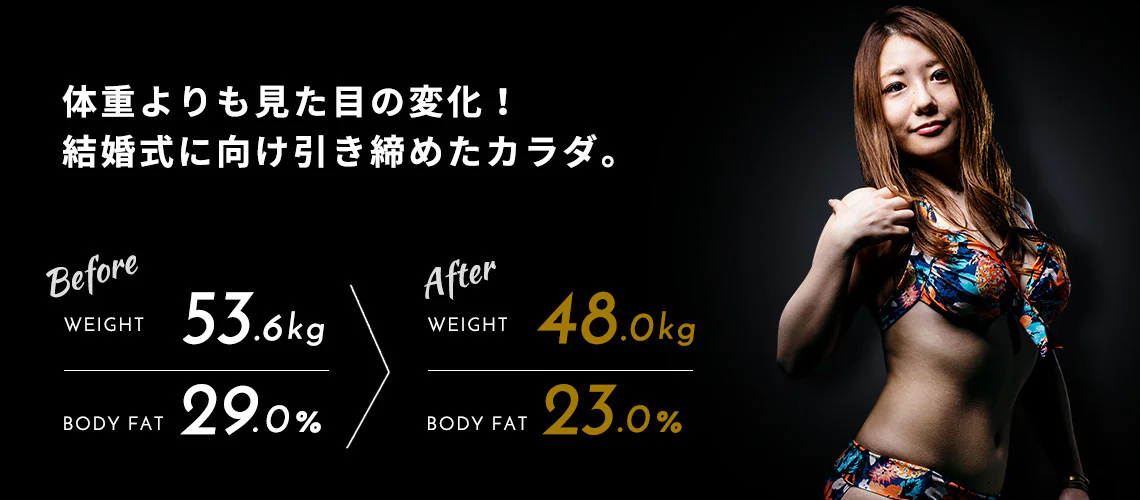 Y・M様（33才） Before 体重53.6kg 体脂肪率29.0% → After 体重48.0kg 体脂肪率23.0%
