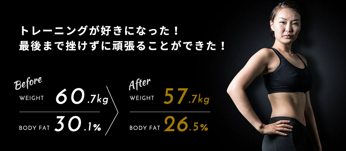 M・Y様（25才） Before 体重60.7kg 体脂肪率30.1％ → After 体重57.7kg 体脂肪率26.5％