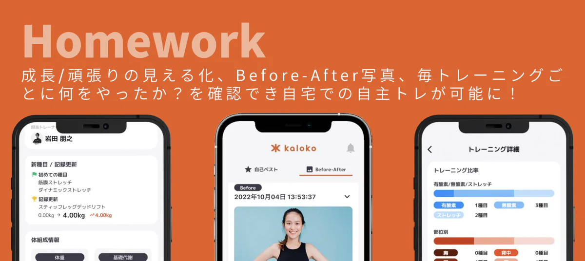 Homework：成長・頑張りの見える化、Before-After写真、毎トレーニングごとに何をやったかを確認でき自宅での自主トレが可能に